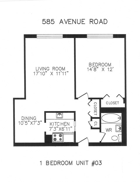 Floor plan for 1 bed, 1 bath, 641 sqft