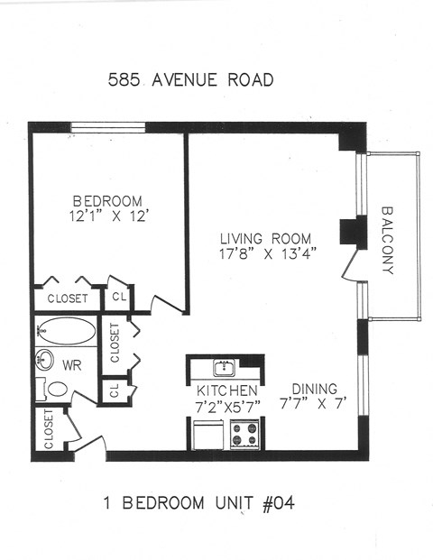 Floor plan for 1 bed, 1 bath, 650 sqft