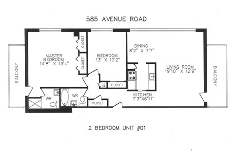Floor plan for 2 beds, 2 baths, 941 sqft