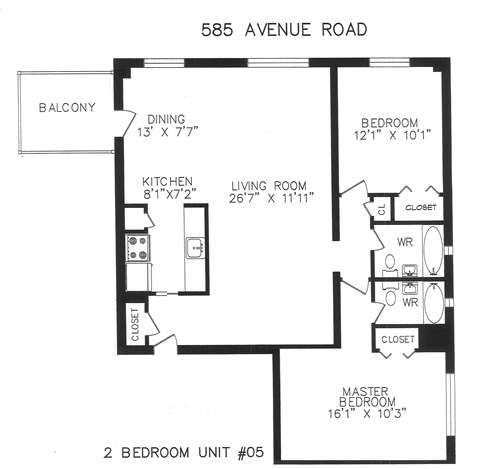 Floor plan for 2 beds, 2 baths, 991 sqft