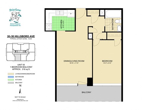 Floor plan for 1 bed, 1 bath, 518 sqft