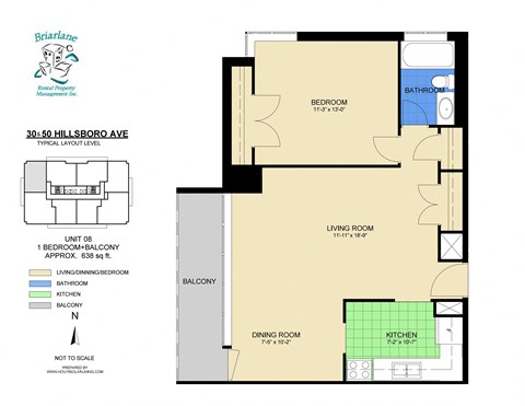 Floor plan for 1 bed, 1 bath, 638 sqft