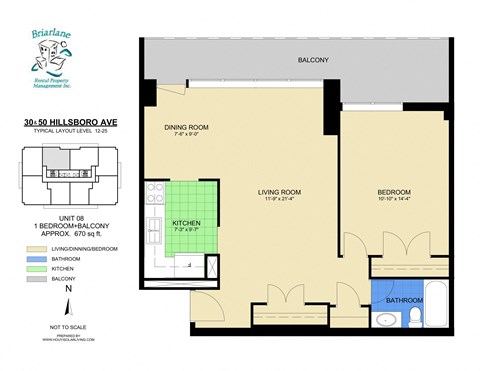 Floor plan for 1 bed, 1 bath, 670 sqft