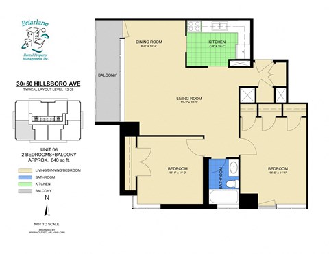 Floor plan for 2 beds, 1 bath, 840 sqft
