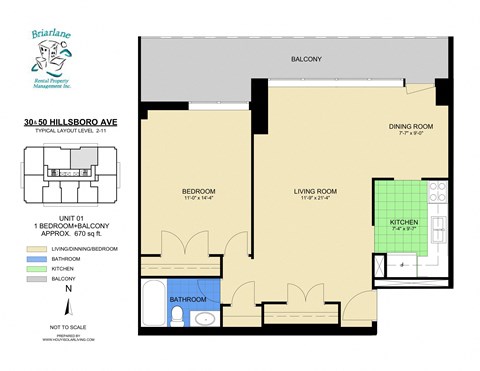 Floor plan for 1 bed, 1 bath, 670 sqft