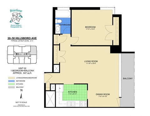 Floor plan for 1 bed, 1 bath, 647 sqft