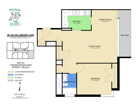 Floor plan for 1 bed, 1 bath, 685 sqft