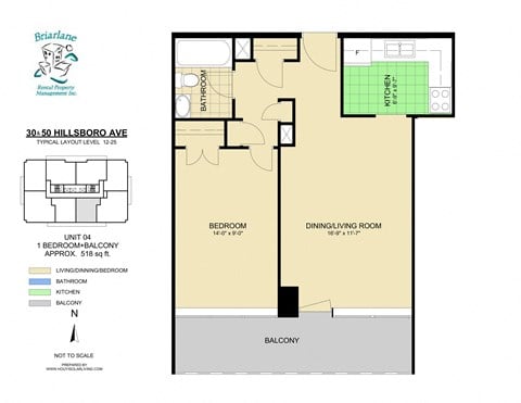 Floor plan for 1 bed, 1 bath, 518 sqft
