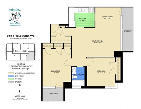 Floor plan for 2 beds, 1 bath, 837 sqft