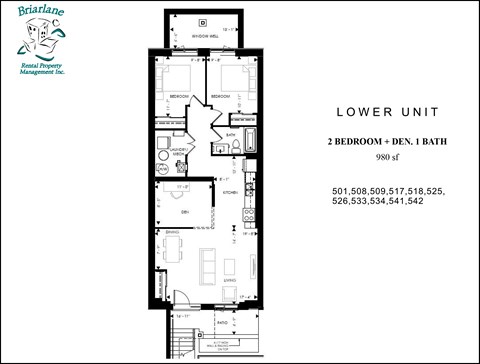 Floor plan for 2 beds, 1 bath, 980 sqft