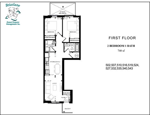 Floor plan for 2 beds, 1 bath, 740 sqft
