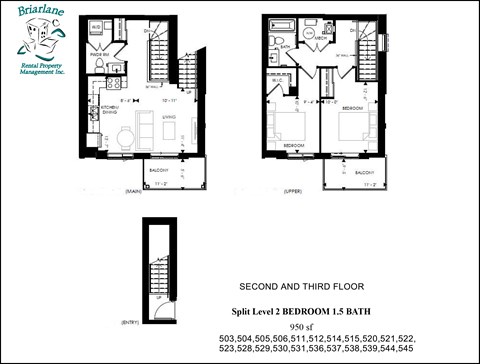 Floor plan for 2 beds, 1.5 baths, 950 sqft