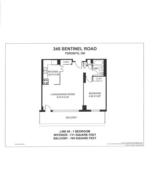 Floor plan for 1 bed, 1 bath, 711 sqft