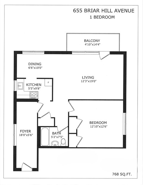 Floor plan for 1 bed, 1 bath, 768 sqft