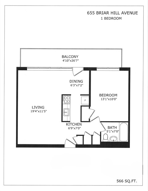 Floor plan for 1 bed, 1 bath, 566 sqft