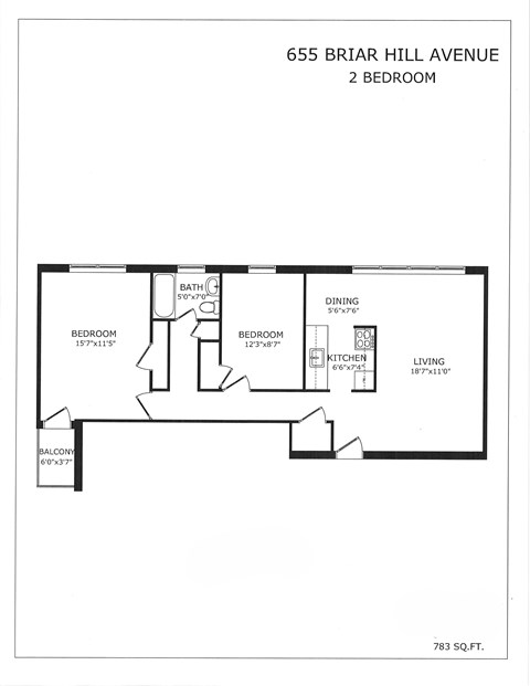 Floor plan for 2 beds, 1 bath, 783 sqft