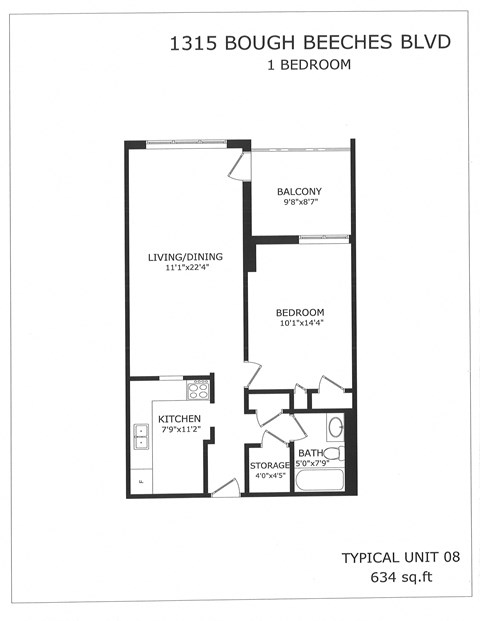 Floor plan for 1 bed, 1 bath, 634 sqft