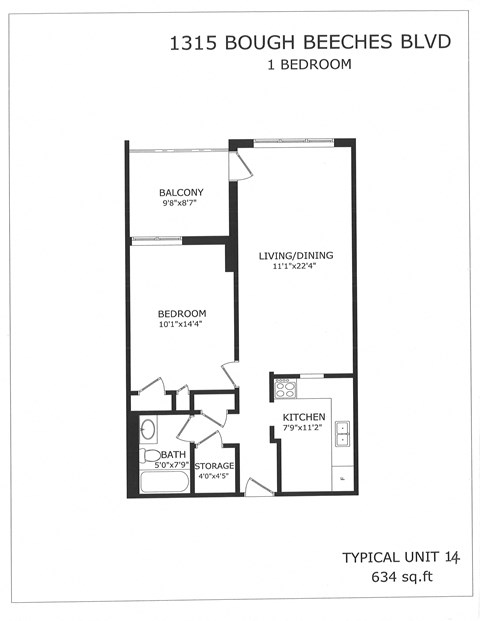 Floor plan for 1 bed, 1 bath, 634 sqft