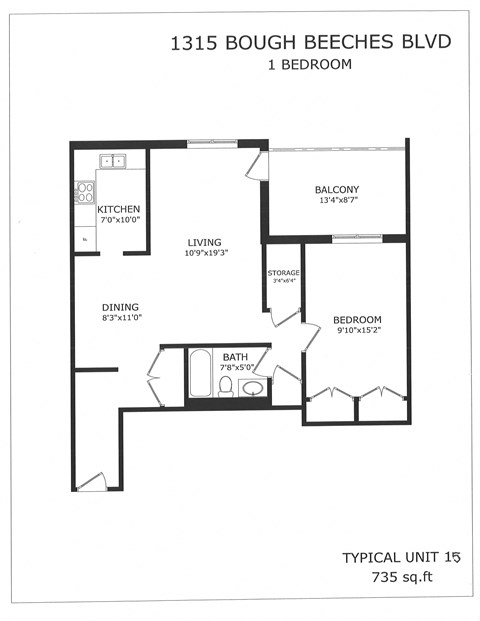 Floor plan for 1 bed, 1 bath, 735 sqft
