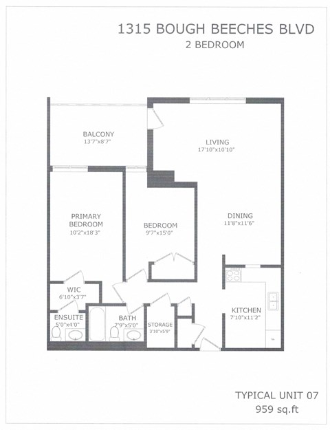 Floor plan for 2 beds, 1.5 baths, 959 sqft