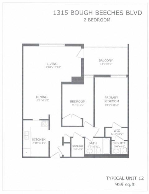 Floor plan for 2 beds, 1.5 baths, 959 sqft