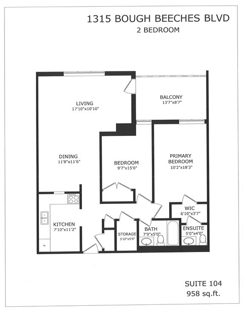 Floor plan for 2 beds, 1.5 baths, 958 sqft
