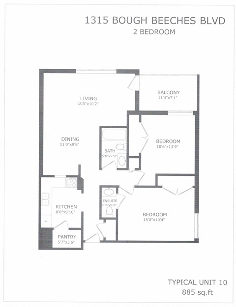 Floor plan for 2 beds, 1.5 baths, 885 sqft