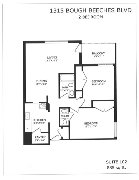 Floor plan for 2 beds, 1.5 baths, 885 sqft