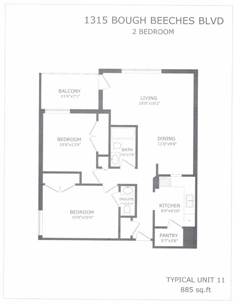 Floor plan for 2 beds, 1.5 baths, 885 sqft