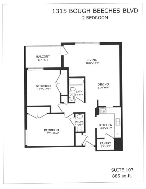 Floor plan for 2 beds, 1.5 baths