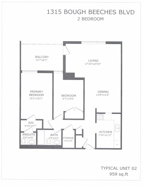Floor plan for 2 beds, 1.5 baths, 959 sqft