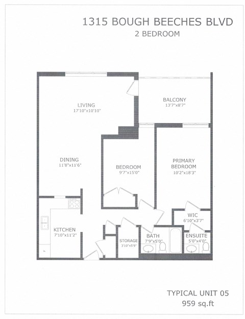 Floor plan for 2 beds, 1.5 baths, 959 sqft