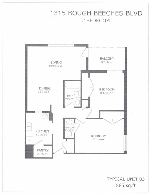 Floor plan for 2 beds, 1.5 baths, 885 sqft