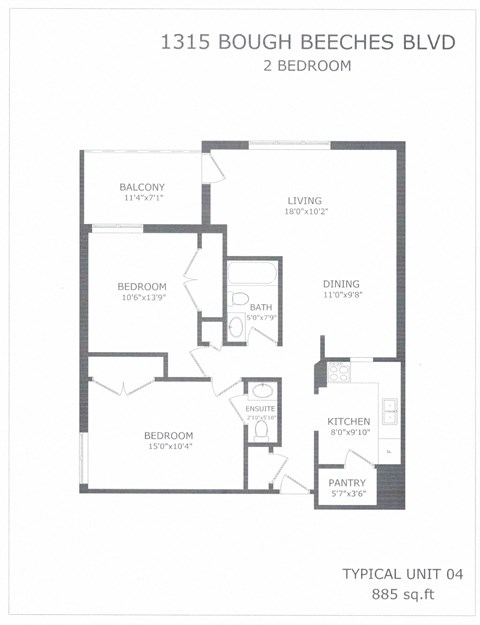 Floor plan for 2 beds, 1.5 baths, 885 sqft