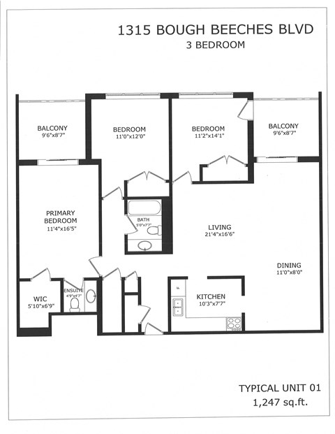 Floor plan for 3 beds, 1.5 baths, 1247 sqft