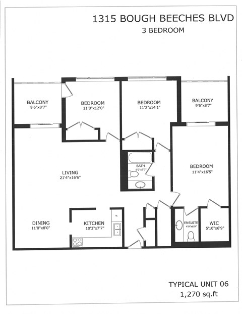 Floor plan for 3 beds, 1.5 baths, 1270 sqft