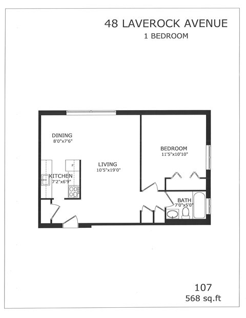 Floor plan for 1 bed, 1 bath, 568 sqft