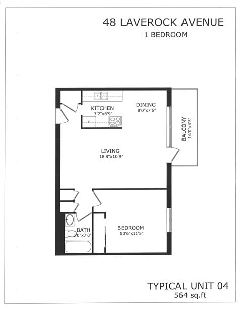 Floor plan for 1 bed, 1 bath, 564 sqft