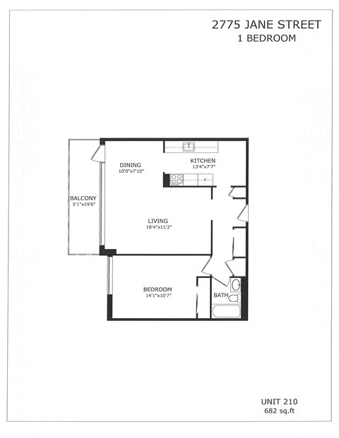 Floor plan for 1 bed, 1 bath, 682 sqft