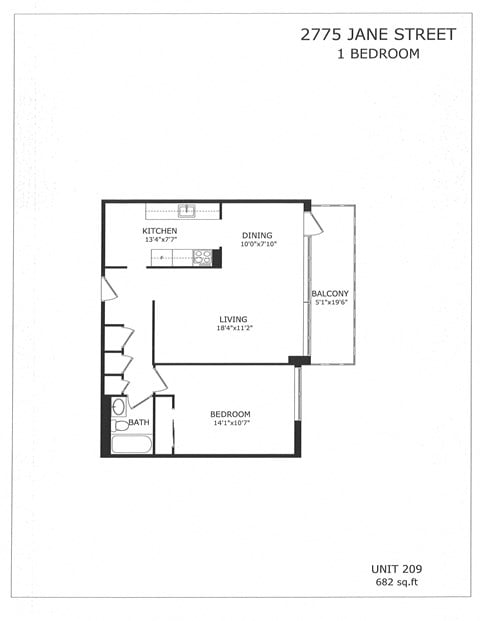 Floor plan for 1 bed, 1 bath, 682 sqft