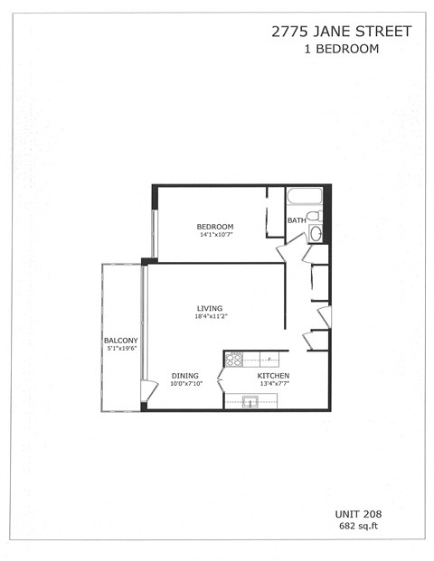 Floor plan for 1 bed, 1 bath, 682 sqft