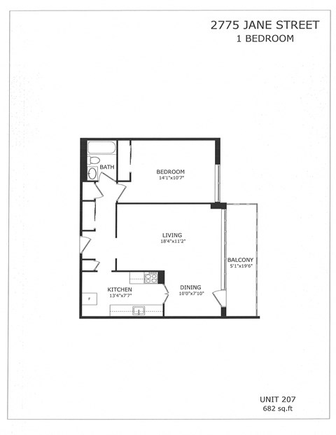 Floor plan for 1 bed, 1 bath, 682 sqft