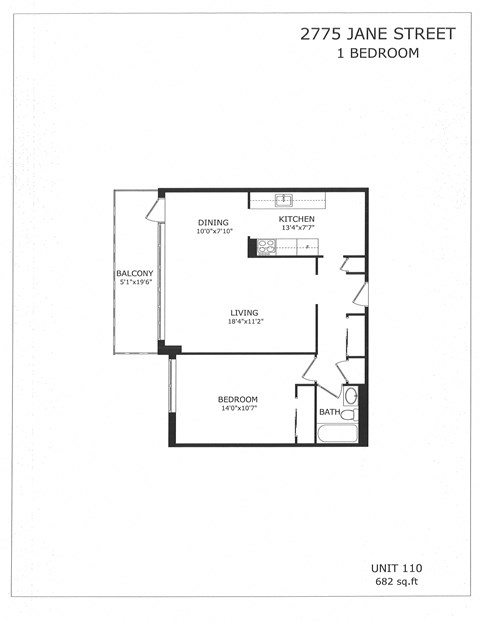 Floor plan for 1 bed, 1 bath