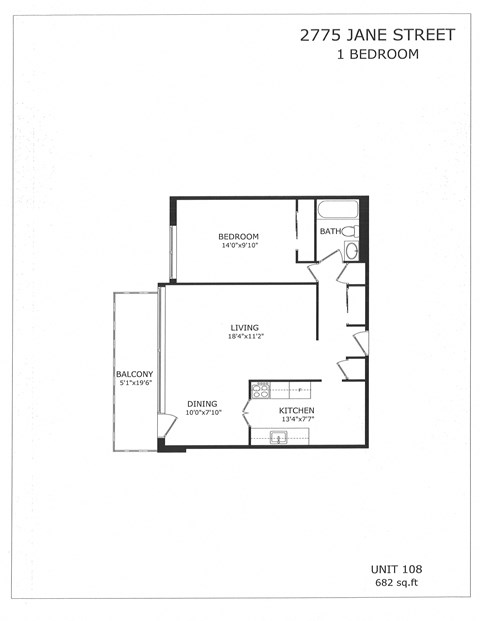 Floor plan for 1 bed, 1 bath, 682 sqft