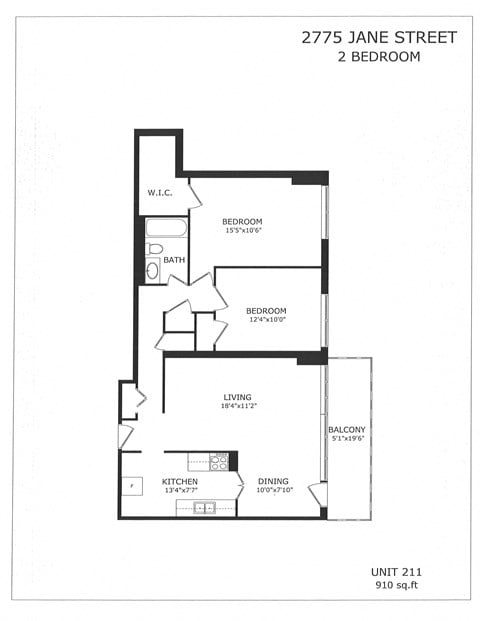 Floor plan for 2 beds, 1 bath, 910 sqft