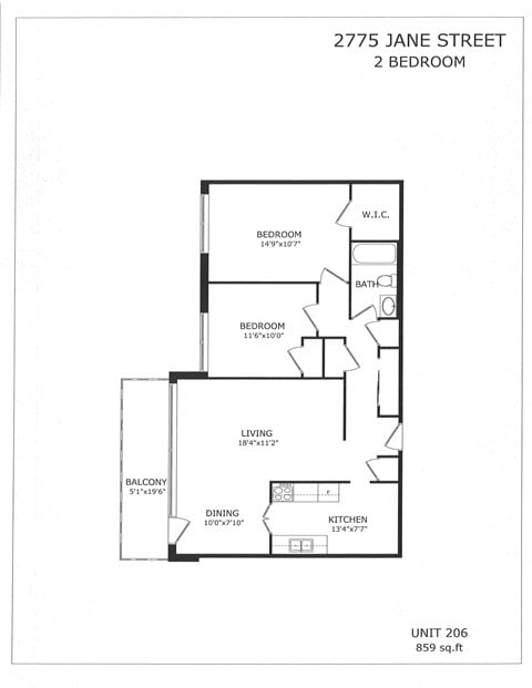 Floor plan for 2 beds, 1 bath, 859 sqft