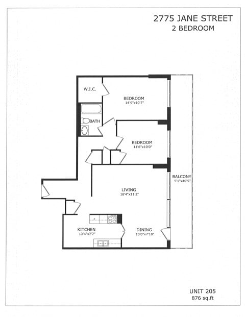 Floor plan for 2 beds, 1 bath, 876 sqft