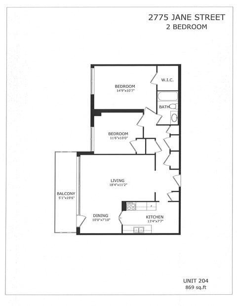 Floor plan for 2 beds, 1 bath, 869 sqft