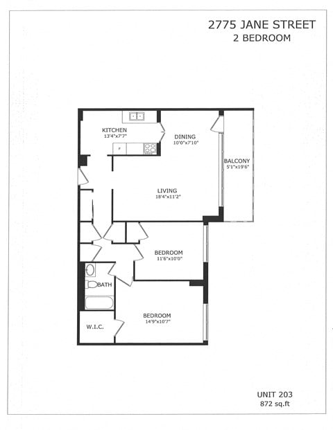 Floor plan for 2 beds, 1 bath, 872 sqft