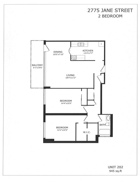 Floor plan for 2 beds, 1 bath, 945 sqft